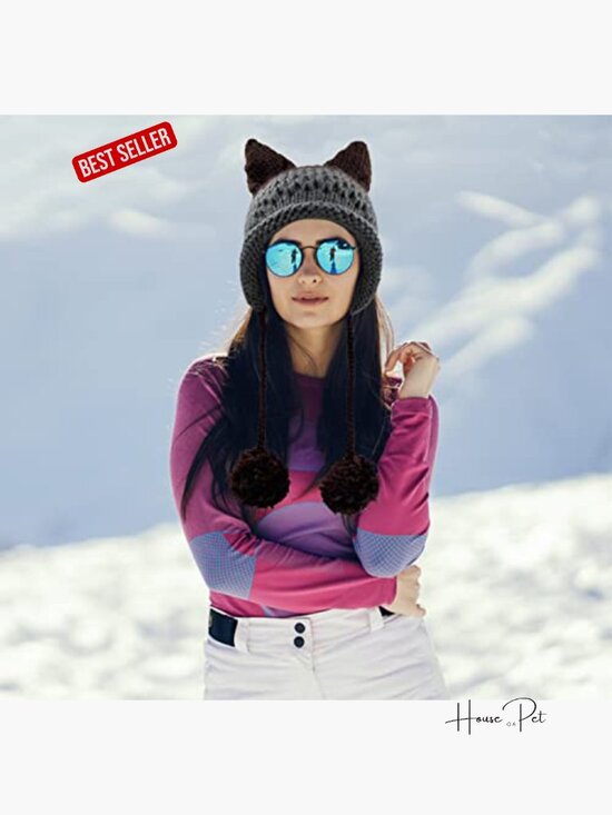 Cat Ear Beanie with Ear Flap Pompom Cute Fox Ears Hat Y2K Gothic Knit Beanie